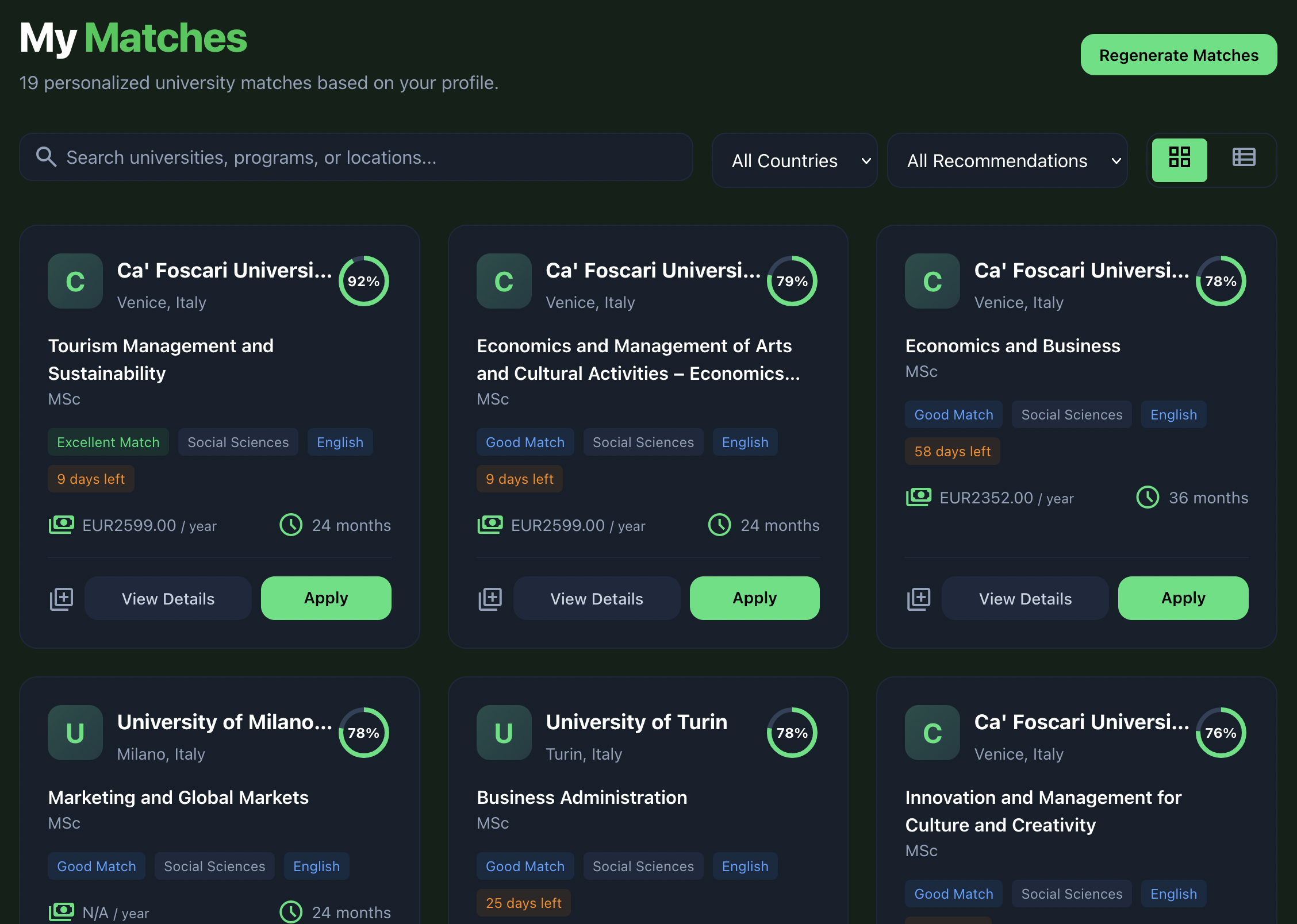 Student Portal Dashboard showing application status and matches