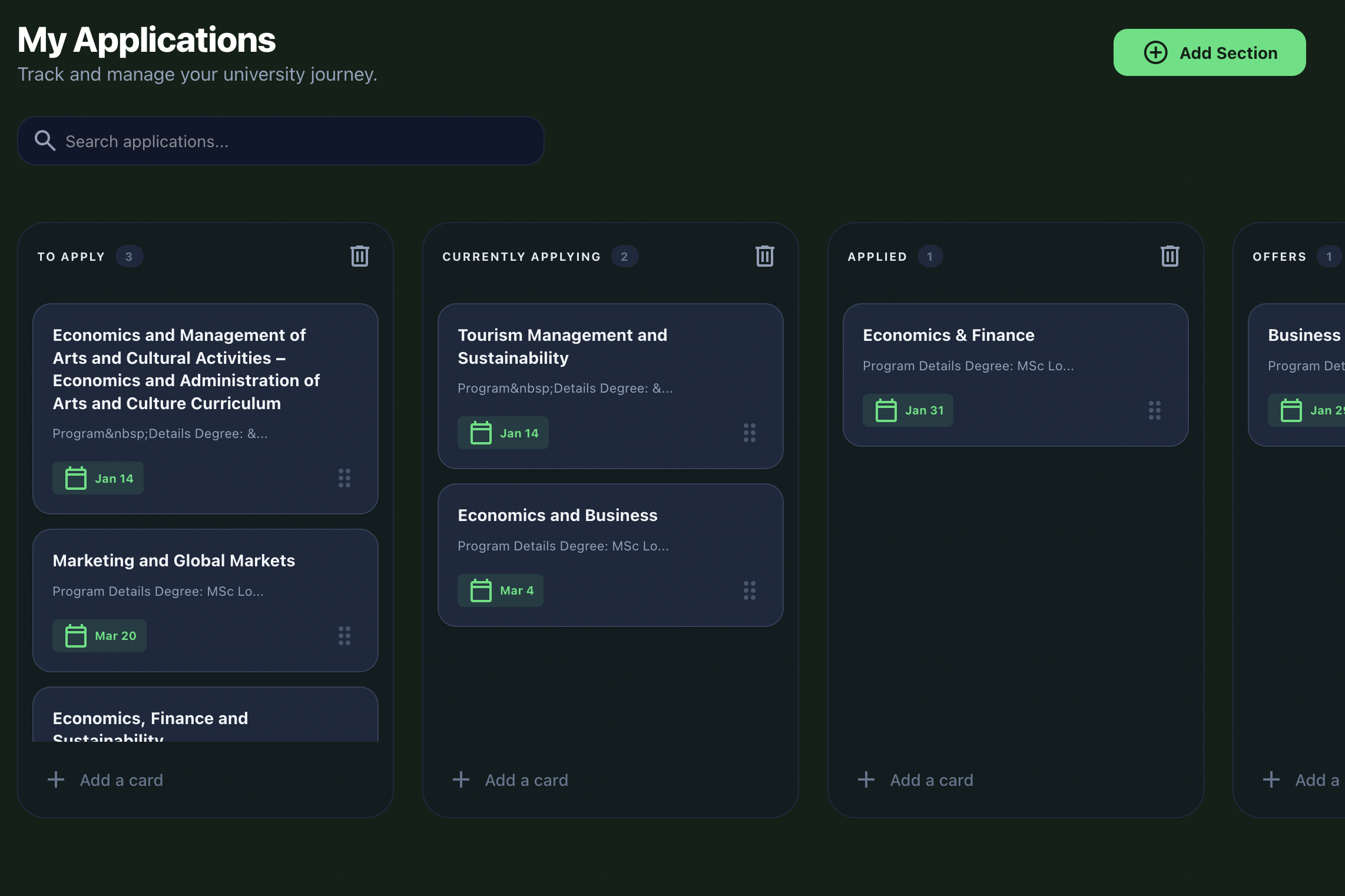 List of personalized university matches with filters